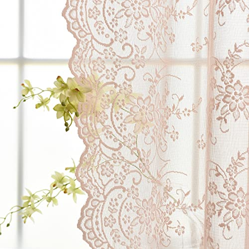 Kotile Blush Sheer Curtains 274 Inch Length 2 Panels, Embroidered Country Floral Vintage Lace Sheer Curtains for Bedroom, Rod Pocket Privacy Window Sheer Lace Curtains Each 132 x 108 Inch, Blush Pink