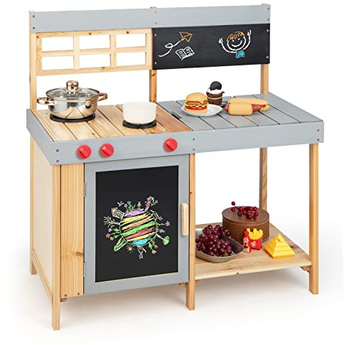 GOPLUS Kinderküche aus Massivholz, Stabile Matschküche mit Wasserbecken & Kreidetafel, Küche Spielset mit Kochfeld & Große Arbeitsplatte, für Garten, Terrasse & Balkon, für Kinder ab 3 Jahren alt
