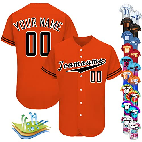 Fadace Individuelles Baseballtrikot, personalisierbar, Baseball-Shirts für Herren, Damen, Kinder, Druck, Namennummern, Button-Down-Sportuniform, Orange-Schwarz, Größe 37, S-4XL