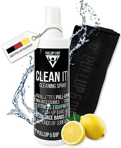PULLUP & DIP Cleaning Spray inkl. Mikrofasertuch, Reinigungsspray (250 ml) für dein Fitness Zubehör, Reinigungsset für Oberflächen wie Kunststoff, Kunstleder, Holz, Glas, Stahl