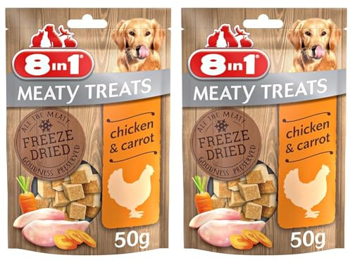 8in1 Meaty Treats, gefriergetrocknete Hunde Leckerlis mit Huhn & Karotte, getreidefrei und ohne Zucker, 50 g Beutel (Packung mit 2)