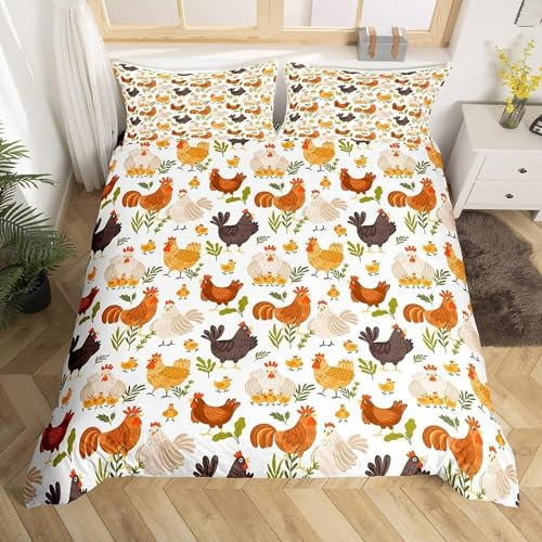 Huhn Bettwäsche 240x220 Kuschelig Weiche Microfaser 3D Druck Karikatur Bettwäsche-Sets Huhn Bettbezug + 2 Kissenbezug 80x80 mit Reißverschluss B1661