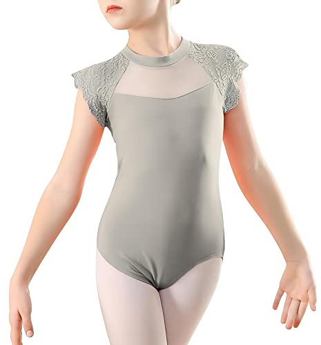 Happy Cherry Ballettanzug Mädchen Ballett Trikot Kurzarm Kinder Baumwolle Ballettkleidung Tanzbody Teen Turnanzug Gymnastikanzug mit Spitze Grau 13-14 Jahre