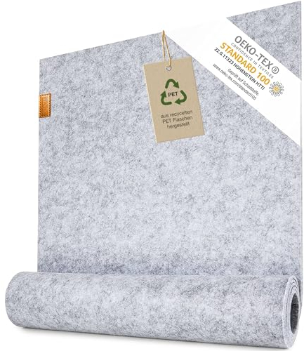 Miqio Design Tischläufer aus Filz | Nachhaltiger Oekotex Filzstoff 100x30 cm abwaschbar | Echtleder Label | Skandinavischer Filzläufer - Hellgrau