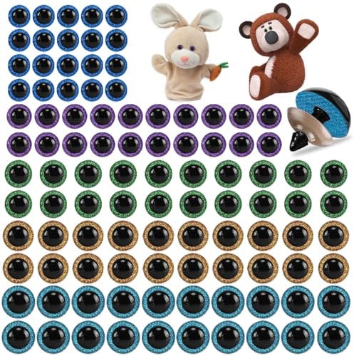 100 Pieces Large Safety Eyes, DaKuan Animal Glitter Plastic Eyes for DIY Crafts of Bear, Puppet Making Supplies (5 Color, 5 Size, Each 20)
