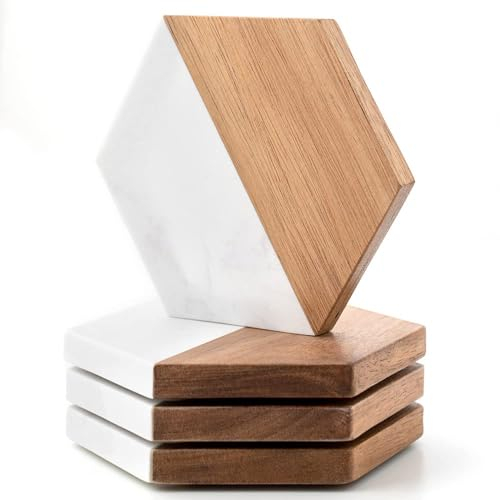 Marmoruntersetzer aus Akazienholz, sechseckige Untersetzer für Couchtisch, Esstisch, Schreibtisch, moderne Untersetzer, Weihnachten, Einweihungsfeier, Heimbüro, 4 Stück