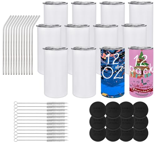 JYLJINGYULI Sublimationsgläser, 340 ml, Sublimationsbecher, blanko, gerade, dünne Isolierbecher, Edelstahl-Wasserflasche mit Deckel und Strohhalm, für Bastelarbeiten, 12 Stück