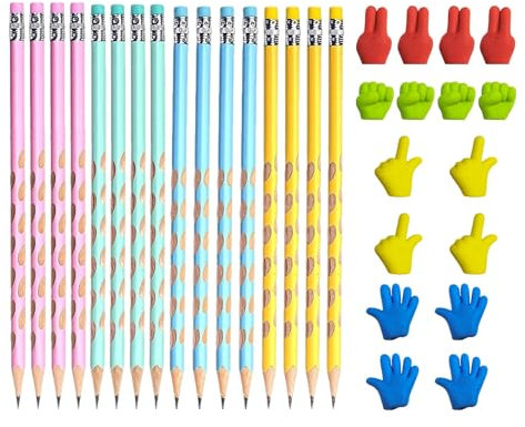 KRYMSON Confezione da 16 matite HB per bambini, 16 gomme per dita, matite triangolari, matite con gomma, penne correttive per scrivere e disegnare