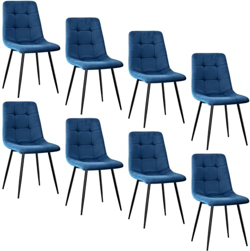 JIJIAN Esszimmerstühle 8er Set, Küchenstühle mit Samt, Blau | Stühle Esszimmer mit Schwarzen Metallbeinen, Bis 120 kg Belastbar, Moderne Polsterstühle für Esszimmer Wohnzimmer Küche