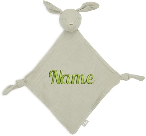 Elefantasie Schnuffeltuch mit Name Bestickt Kuscheltuch personalisiert Tröster Geschenk zur Geburt HASE olivgrün
