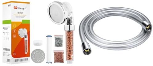 Ibergrif Duschkopf Druckerhöhend mit Filter & Duschschlauch 1,6m- YEAUPE Brauseschlauch mit Verdrehschutz 160cm Standard 1/2 Anschluss