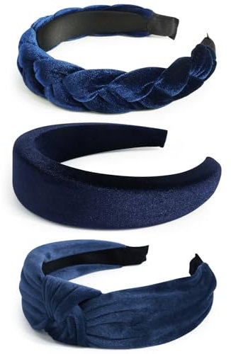 BOOMTOP 3 Stück Samt Haarreif Dirndl Trachten Haarschmuck Geflochten Stirnband Breit Haarband Gepolsterte Haarreifen mit Knoten Vintage Kopfband für Damen und Mädchen Karneval Mottoparty Dunkelblau