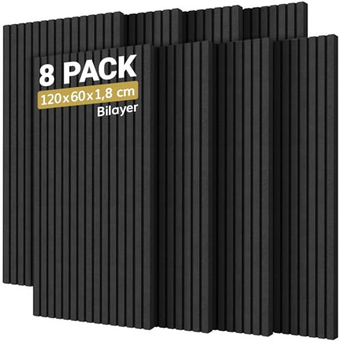 TONOR Pack 8 Paneles Espuma Aislante Acústicos, 120x60x1.8cm Valido para Grandes Azulejos Insonorizacion, Reducción de Ruido, Sonido, Hogar, Podcast, Estudios Grabación, Oficinas, Decoración, Negro