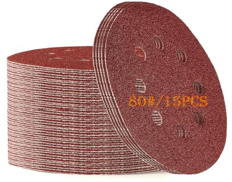 Toowood 15pcs 125mm Sanding Discs, 8-Hole Dustless Hook & Loop Sandpaper, 80 Grit Professional Abrasive Discs for Orbital Sander, Woodworking and Auto Body Refinishing