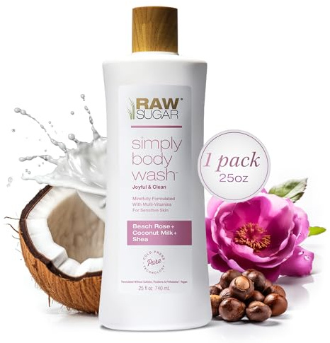 RAW SUGAR Simply Body Wash, Beach Rose + Coconut Milk + Shea (25 Fl Oz, Pack of 1) Sensitive Skin Bath Soap, Formulated without SLS/SLES & Parabens