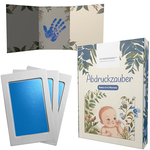 ABDRUCKZAUBER Original Baby Abdruckset 0-6 Monate I blaues Handabdruck Set & Fußabdruck Baby I Personalisiertes Geschenk Baby I Inkl. 3 Stempelpads, 3 Abdruckkarten & 1 liebevolle Faltkarte
