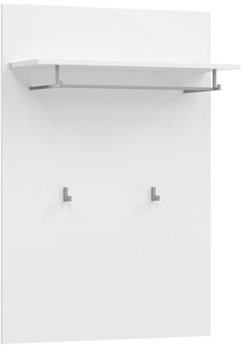 Newroom Garderobenpaneel Weiß Flurgarderobe Hakenleiste mit Hutablage | Ablageboard und 2 Kleiderhaken, wandmontiert, schmale Garderobe Flur, Flur Möbel, Vorzimmer Möbel für Diele