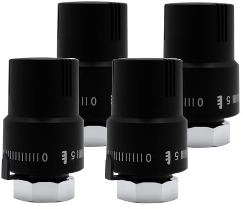 VANCOCO 4 Stk. M30×1,5 mm Thermostatkopf Heizkörperventil, Thermostat Heizung, Heizungsventil, Schwarz, Flüssig-Fühler mit Frostschutzstellung