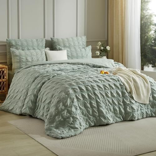 Luowei Seersucker Bettwäsche 135x200cm Kariert Grasgrün Grün Flauschig Bügelfreie Bettwäsche Aesthetic Set Sommer Kühlend Bettbezug 135x200 mit Reißverschluss und Kissenbezug 80x80 cm