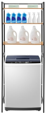 Waschmaschinenschrank Freistehendes Toilettenregal, 3-stufiges Waschmaschinenregal überbau, Regal über Waschmaschine für Platz Sparen, 69 × 30 × 181 cm, für Küche, Bad usw (Schwarz+Holzfarbe)