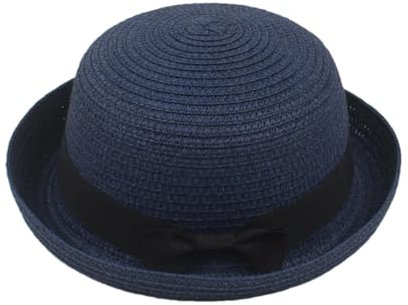 UIOKLMJH Chapeau de paille rond tendance pour femme, bleu marine, taille unique