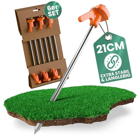 6 Stück Zeltheringe 21 cm - Rostfreie, stabile Zeltnägel aus Metall mit Halterung für Spannseile - für alle Bodenarten - ideal für Camping & Outdoor, mit gut sichtbarem orangefarbenem Kunststoffkopf