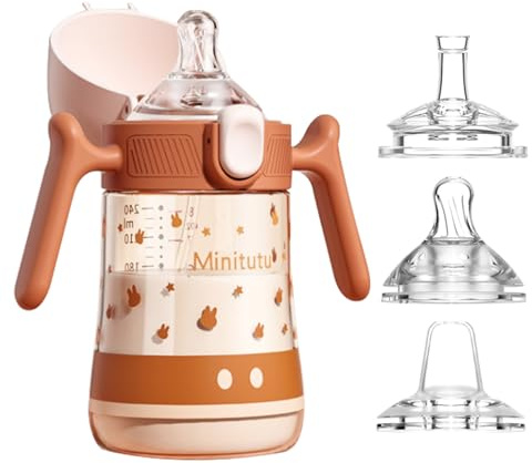 Qshare Sippy Cup for Baby 6 Months+,Toddler Drinks Water Bottles Trainer Cup with Handles for Babies 6 12 Months(One Bottle with 3 Nipples) (Brown)