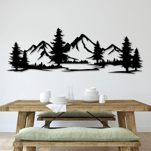 Eyoka 3D Wandbild Berge mit Wald | Stilvolle durchbrochene MDF Wanddekoration in Schwarz | Modernes Naturmotiv als Kunstobjekt für Wohnzimmer Schlafzimmer Büro oder Flur (80x27cm)