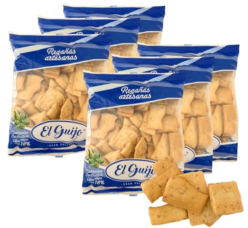 Regañá Artesana El Guijo - Con 18% de Aceite de Oliva Virgen Extra. Pack de 6 bolsas - 1500 gr. Cuadraditos de Pan Crujiente.