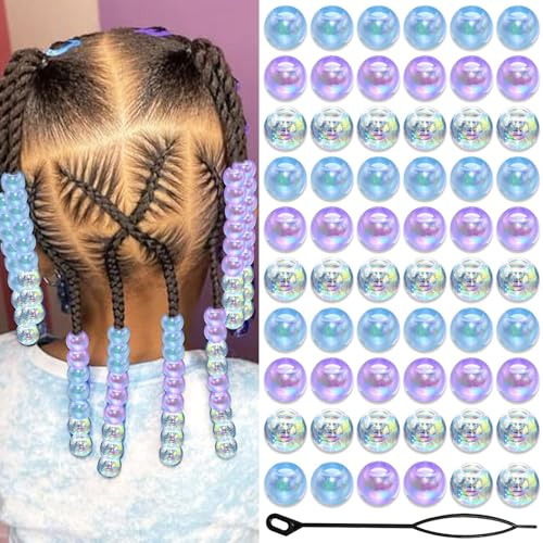 Auroriel 60PCS AB Haarperlen Zopfperlen Kinder Mädchen Runde Acrylperlen Blau Lila Transparent mit Einfädelhilfe