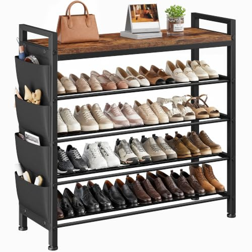 Klyvvo Schuhregal platzsparend 5 Ebenen für 16-20 Paar, Schuhschrank schmal mit Seitentaschen, Metall-Holz Schuhablage, für Eingangsbereich, Flur, Wohnheim, 30 x 76 x 96.5 cm, Vintagebraun-schwarz