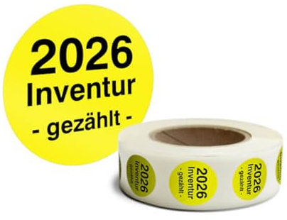 Betriebsausstattung24 Inventuretiketten gezählt 2026 500 Stück auf Rolle | Jahreszahl: 2026 - Farbe: Gelb - Material: Haftpapier - Inventuraufkleber - Organisationsetiketten