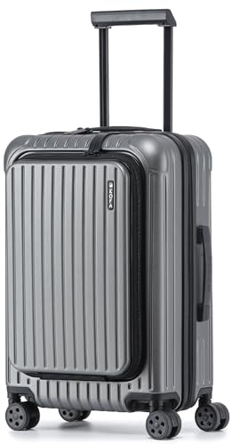 KOFA Munich Handgepäck Koffer, 55cm Hartschalen Trolley aus Polycarbonat mit Frontfach & Laptopfach, Cabin Reisekoffer, Rollkoffer Spinner Carry-on mit 4 Rollen und doppelte TSA Schloss 35L (Silber)