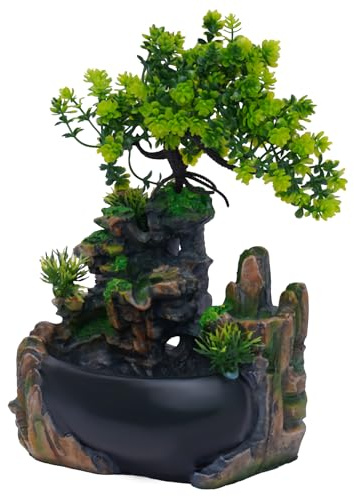 Zimmerbrunnen Steingarten Wasserfall Pflanze 20×15×28cm Tischbrunnen aus Kunstharz Indoor Zimmerspringbrunnen mit Wasserpumpe Wasserfall-Dekorationsartikel für Büro, Zuhause, Schlafzimmer