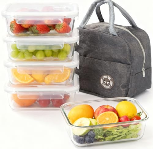 5 Boîtes de Conservation Hermétiques en Verre 1040ML - Lunch Bag Offert