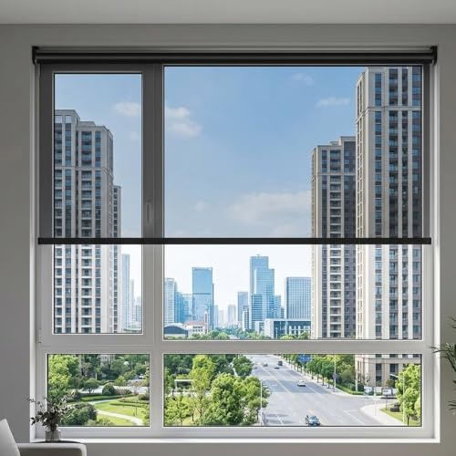 Reflective One-Way Mirror Roller Shade, Anti UV Daytime Privacy Window Tint Film, No Drill Pull Down Heat Control Mirrored Roller Blinds for Bathroom Kitchen Door Glass Windows(Black,W85xH150cm)