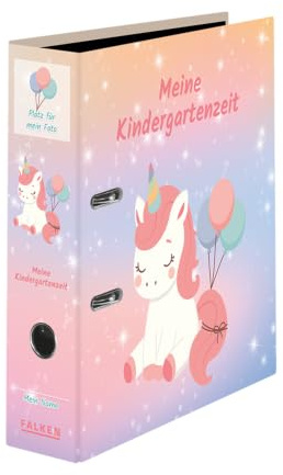 FALKEN Kindergarten-Ordner 8 cm breit DIN A4 Motiv Einhorn | Made in Germany mit Einstecktasche Kinderordner Kita Kind Portfolio