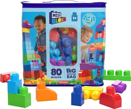 MEGA BLOKS Fisher-Price Bausteine für Kleinkinder, großer Bausteinebeutel mit 80 Teilen und Aufbewahrungsmöglichkeit, Blau, Geschenkideen für Kinder ab 1 Jahr, DCH63