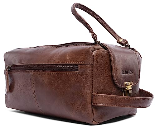 LEABAGS Grand Sac de Toilette en Cuir Premium pour Hommes | Trousse de Toilette à Suspendre spacieuse | Trousse de Maquillage, de Surveillance et de beauté | Cognac Vintage