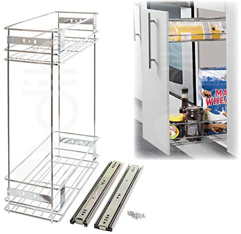 Dihl Pull Out Wire Basket Kitchen Larder, For 200mm Wide Carcass Base Unit, Double Layered Cabinet Cupboard Drawer Storage, Silver, Stainless Steel