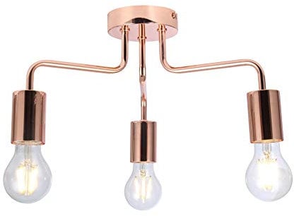 UKEW 3 Way Retro Ceiling Light - Copper Vintage E27 LED Compatible Semi Flush Arm Lighting Fixtures for Modern Kitchen Bedroom Lounge