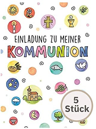 Perleberg Einladungskarte Kommunion in Premium-Qualität 5 Stück - edle Einladung zur Kommunion inkl Umschlag - schicke Kommunion Einladungskarten Mädchen & Jungen mit Symbolen 10,5 x 14,5 cm