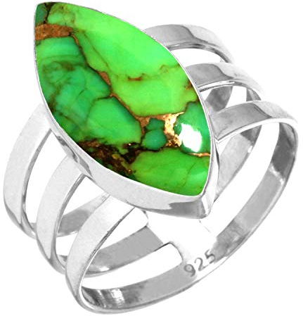 Jeweloporium Kupfer Grün Türkis Silber Ring Größe 62 (19,7), 925 Sterling Silber Ring für Frauen, Marquise Edelstein Boho Schmuck