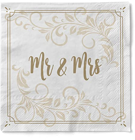 Sovie HORECA Serviette MR & MRS (Ornamente) aus Tissue 33 x 33 cm, 3-lagig, 100 Stück – elegante Hochzeitsservietten mit goldfarbenem Ornamentdesign auf weißem Grund