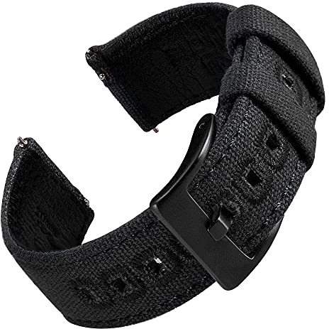 EACHE Uhrenarmband 22mm, Segeltuch und Leder Hybrid Uhrenarmbänder für Herren, Armband für Uhr mit Schnellverschluss (Schwarz-Schwarze Schnalle)
