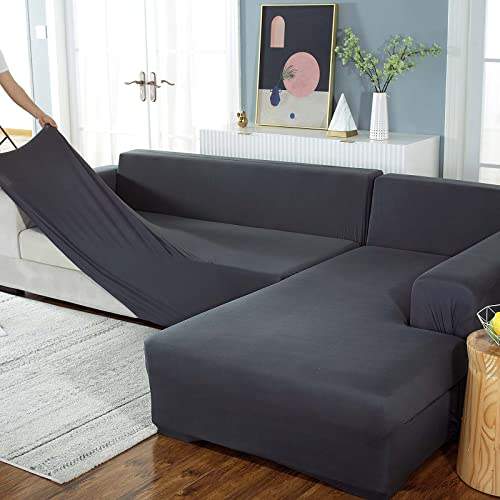 Yidaxing Sofa Überwürfe Sofabezug Elastische Stretch Sofabezüge für L-Form Sofa Abdeckung mit 2 Stücke Kissenbezug(Grau, 3 Sitzer + 3 Sitzer)