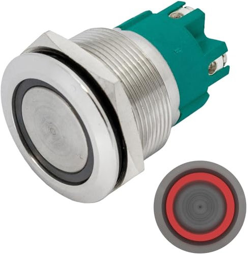 Lumonic Edelstahl Drucktaster flach 25mm Durchmesser I Mit einer Ring LED in Rot Maße: Schraubanschluss 250V 3A I Vandalismussicher nach dem IP65 Standard