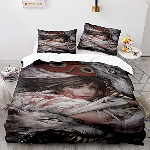 NICHIYOBI Mononoke Hime Bettbezug Bettwäsche Set - Bettbezug und Kissenbezug,Mikrofaser,3D Digital Print dreiteiliger Bettwäsche (15,135x200cm+ 50x75cmx2)