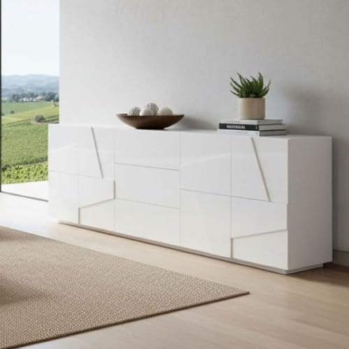 Dmora - Kommode Mason, Küchen-Sideboard mit 4 Türen und 3 Schubladen, Wohnzimmer-Buffet, 100 % Made in Italy, 224 x 44 x 86 cm, glänzendes Weiß,