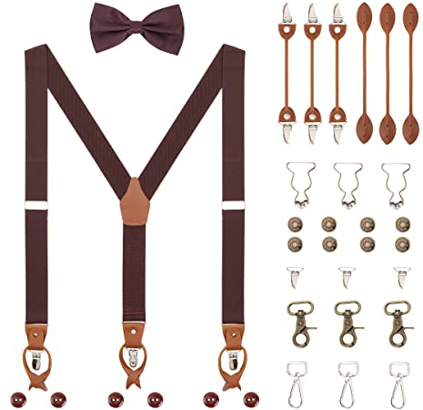 Herren Y-Form 3,5cm Breit Hosenträger & Fliege Set 6 WAY TO WEAR Knopf- Klammer- Hummer- Verschluss Latzhose Schnalle Verlängerte Hosenträger für Körpergröße 160-200cm - Dunkelbraun